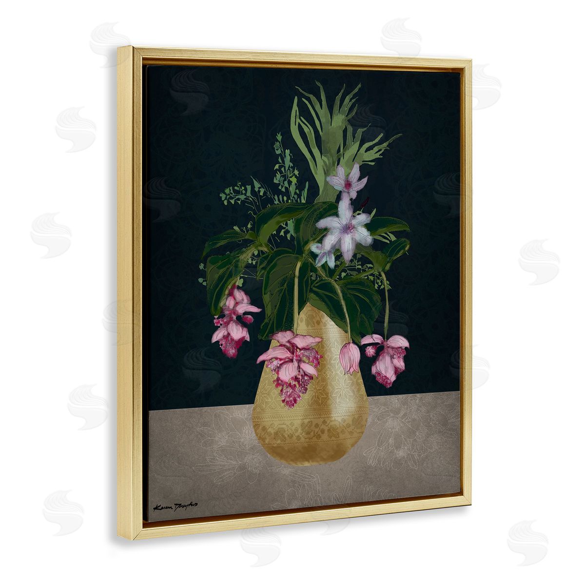 Gold Vase Pink Flower Drawing Gold Floating Frame Canvas Wall Art, Home Decor by Karen Dreyfus