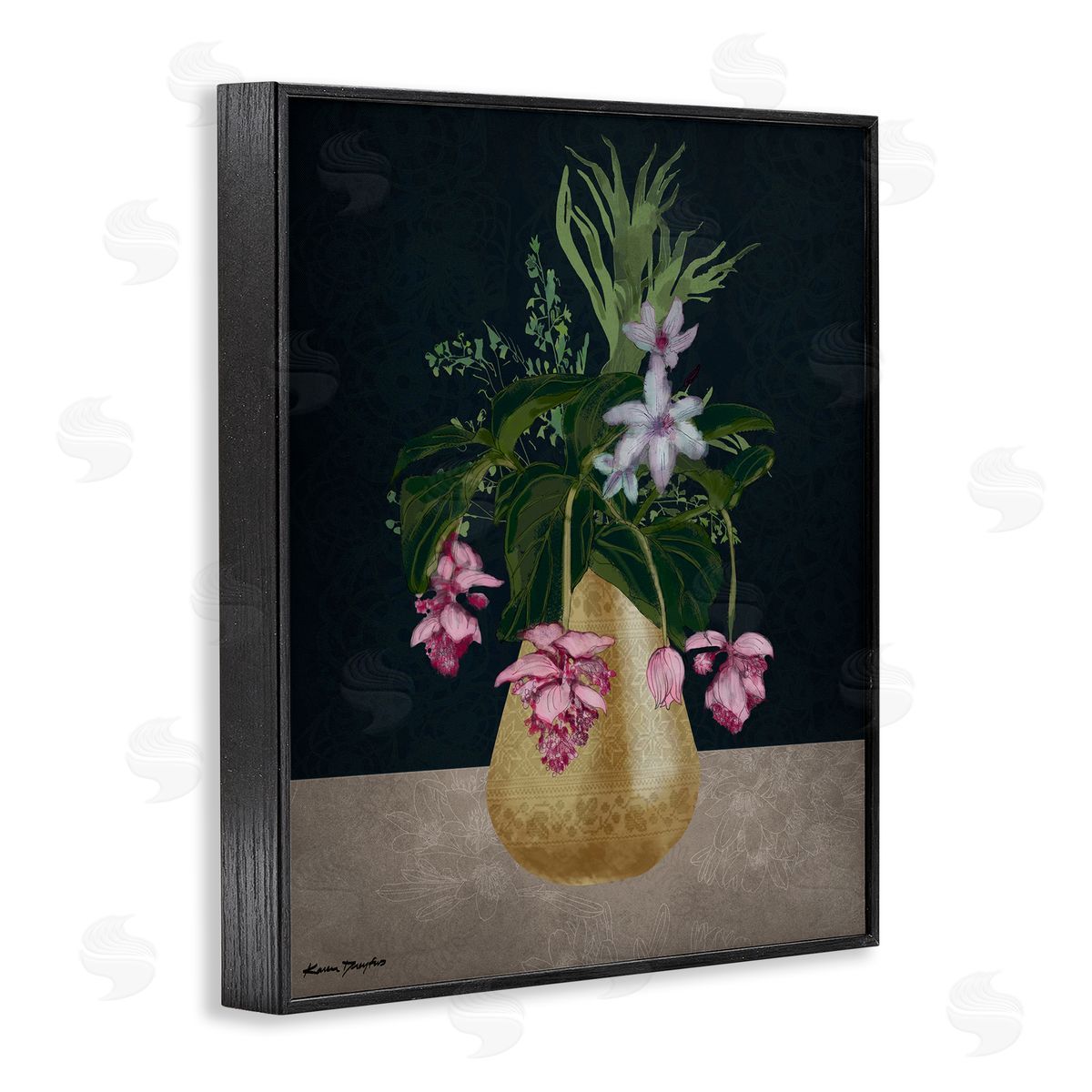 Gold Vase Pink Flower Drawing Black Frame Print Wall Art, Home Decor by Karen Dreyfus