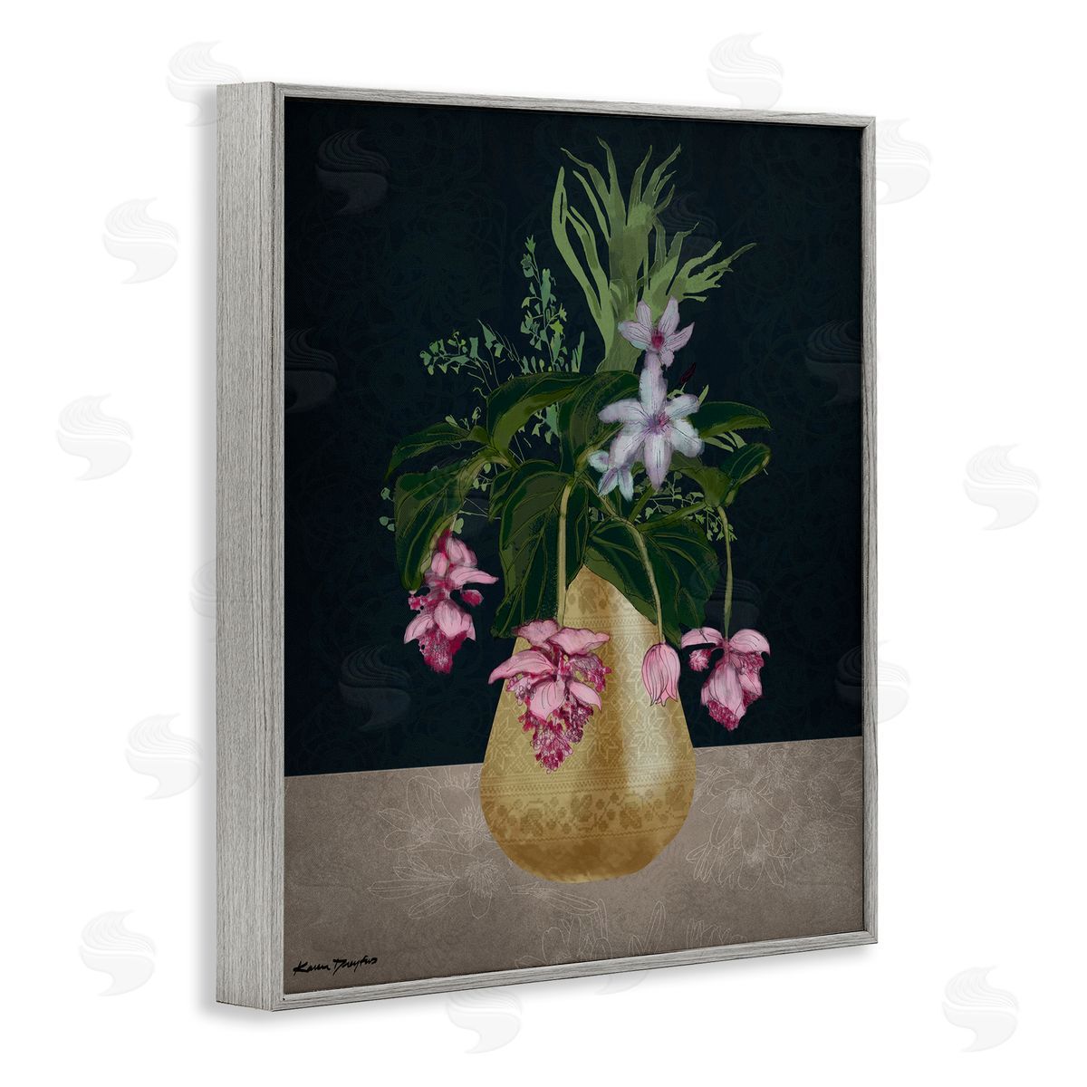 Gold Vase Pink Flower Drawing Grey Frame Print Wall Art, Home Decor by Karen Dreyfus