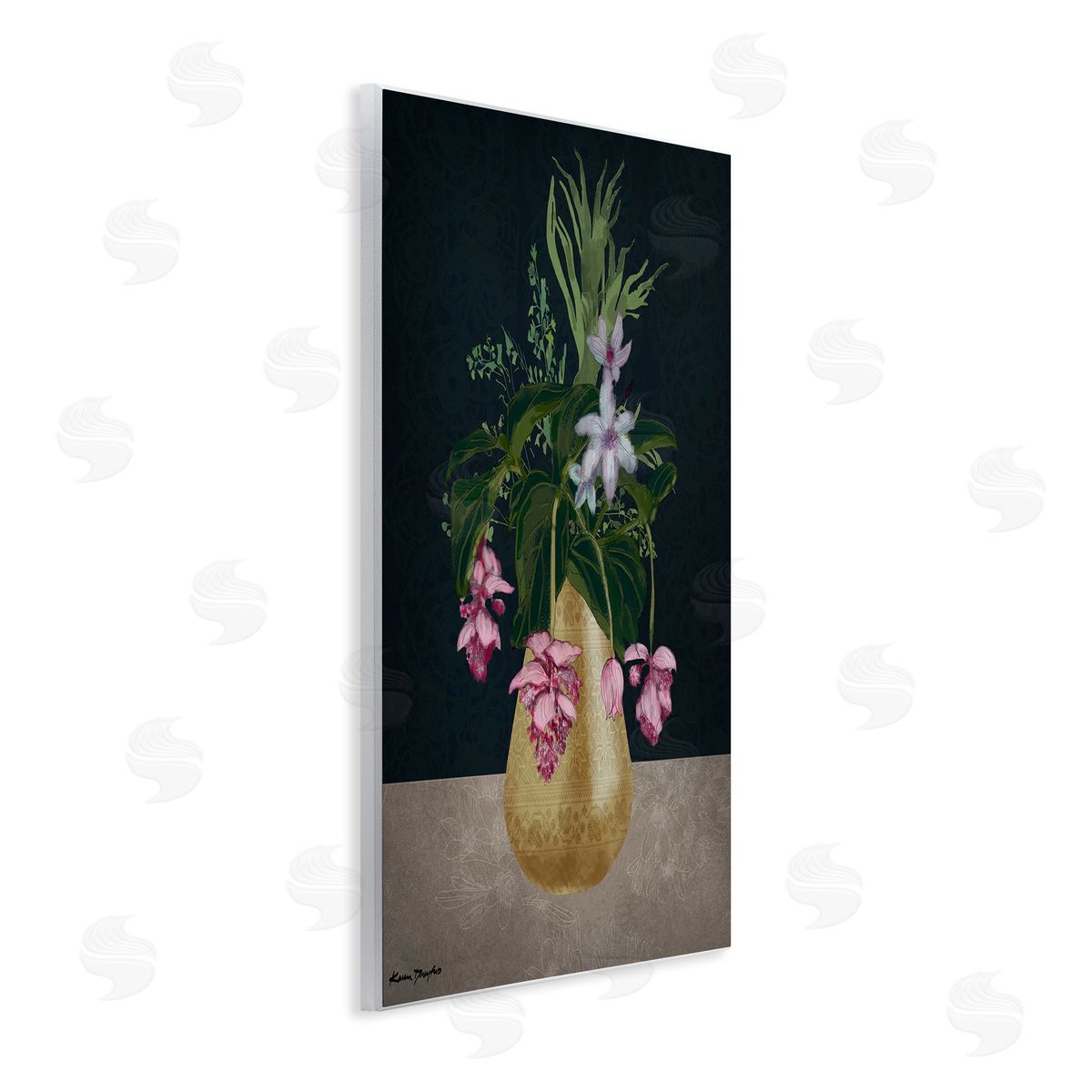 Gold Vase Pink Flower Drawing Wood Plaque Wall Art, Home Decor by Karen Dreyfus