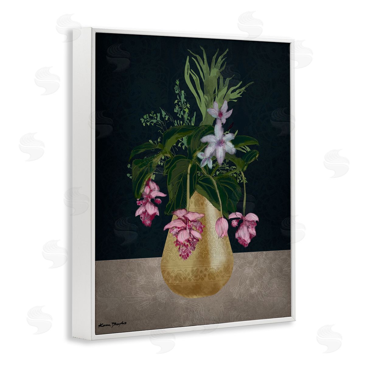 Gold Vase Pink Flower Drawing White Frame Print Wall Art, Home Decor by Karen Dreyfus