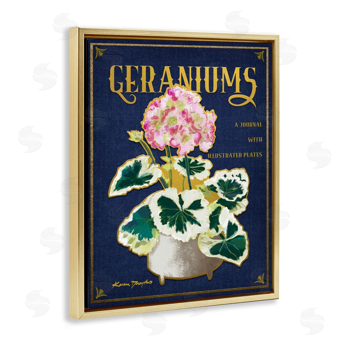 Geraniums Blue Gold Flower Gold Floating Frame Canvas Wall Art, Home Decor by Karen Dreyfus
