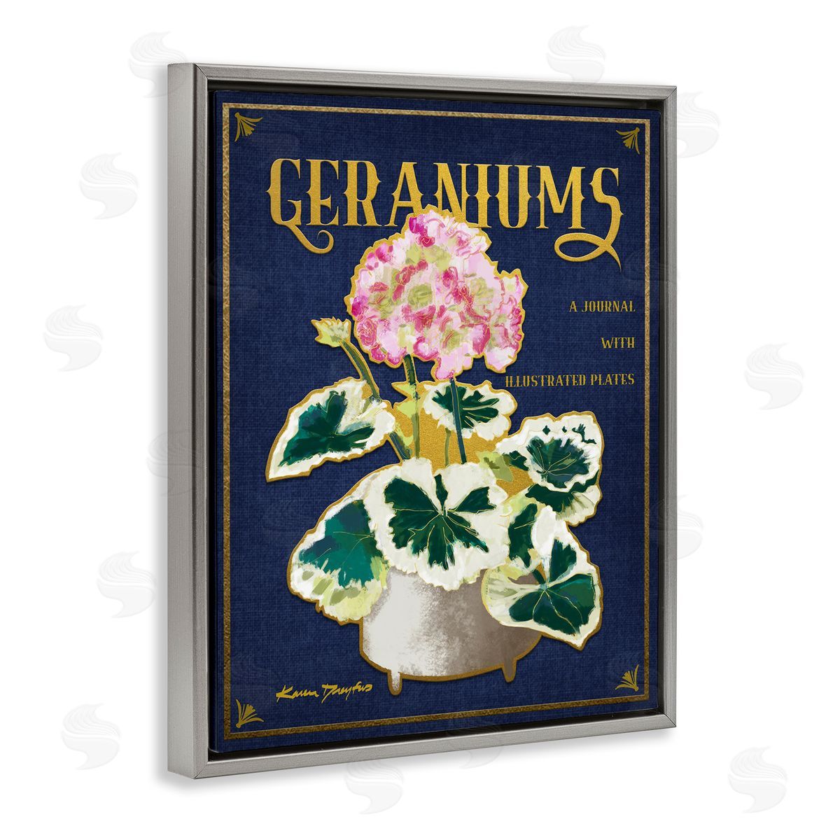 Geraniums Blue Gold Flower Grey Floating Frame Canvas Wall Art, Home Decor by Karen Dreyfus