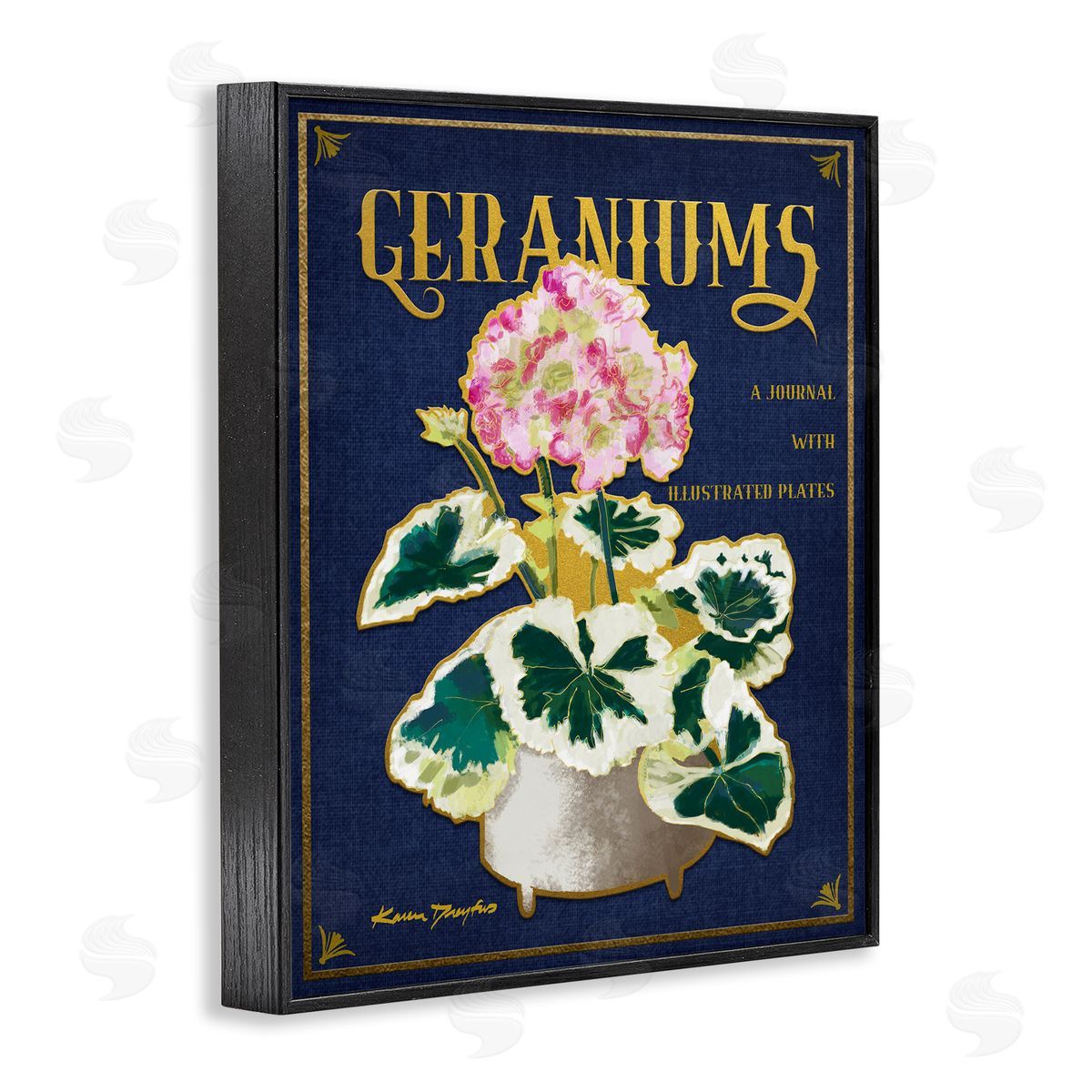 Geraniums Blue Gold Flower Black Frame Print Wall Art, Home Decor by Karen Dreyfus