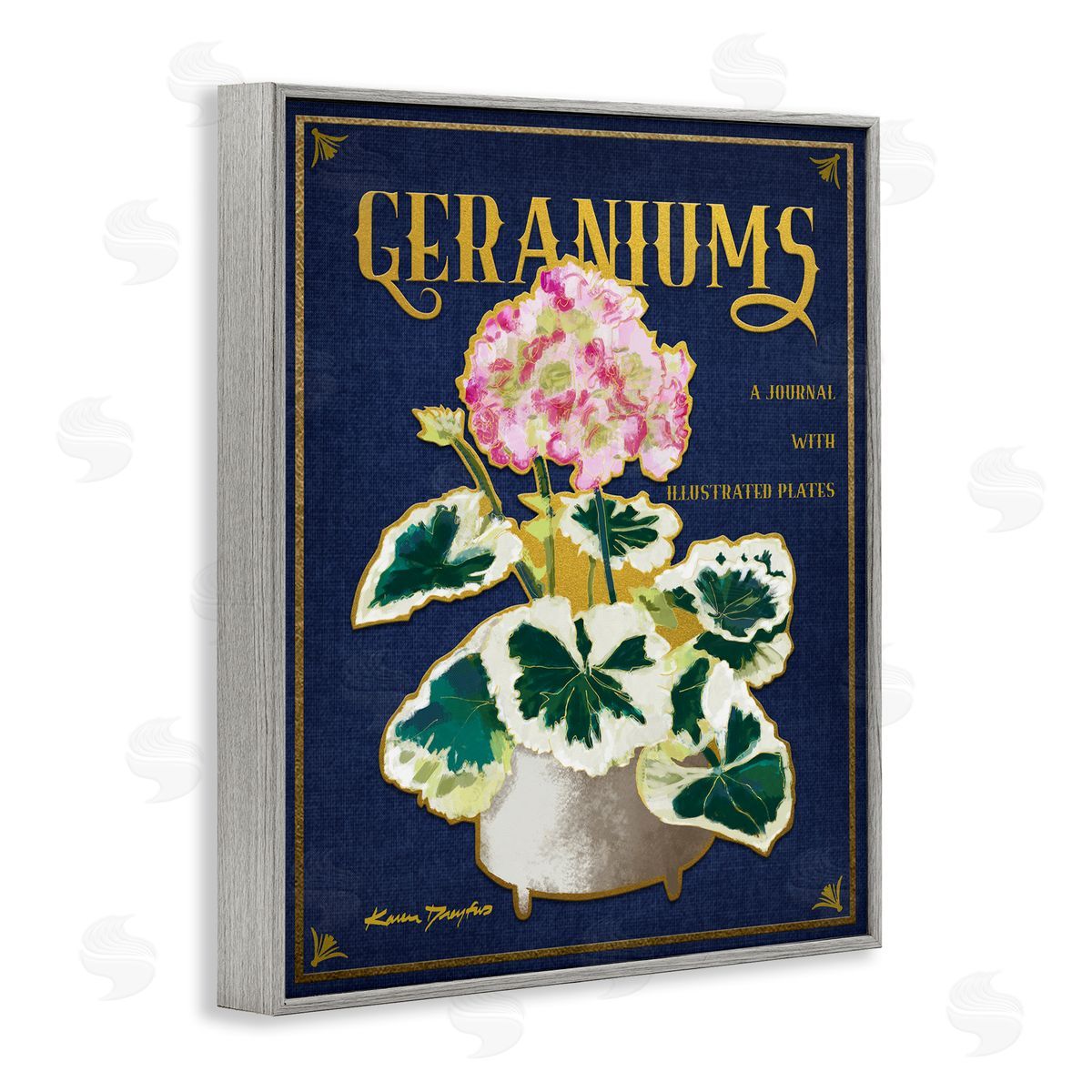 Geraniums Blue Gold Flower Grey Frame Print Wall Art, Home Decor by Karen Dreyfus
