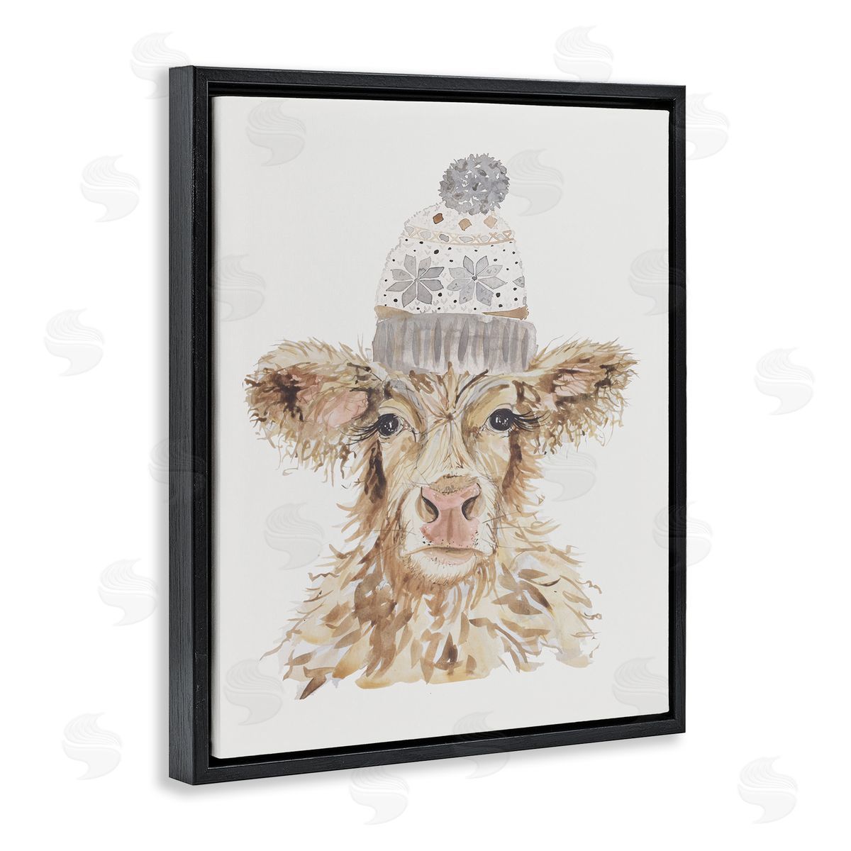 Cow With Beanie Hat Black Floating Frame Canvas Wall Art, Home Decor by Hollihocks Art