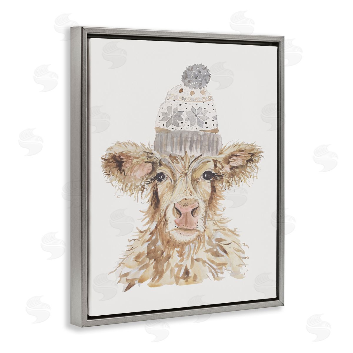 Cow With Beanie Hat Grey Floating Frame Canvas Wall Art, Home Decor by Hollihocks Art