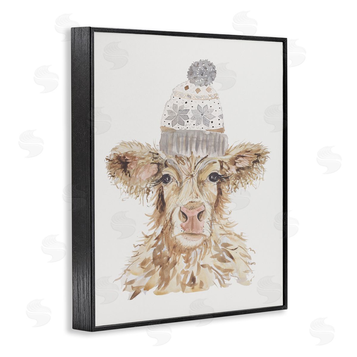 Cow With Beanie Hat Black Frame Print Wall Art, Home Decor by Hollihocks Art