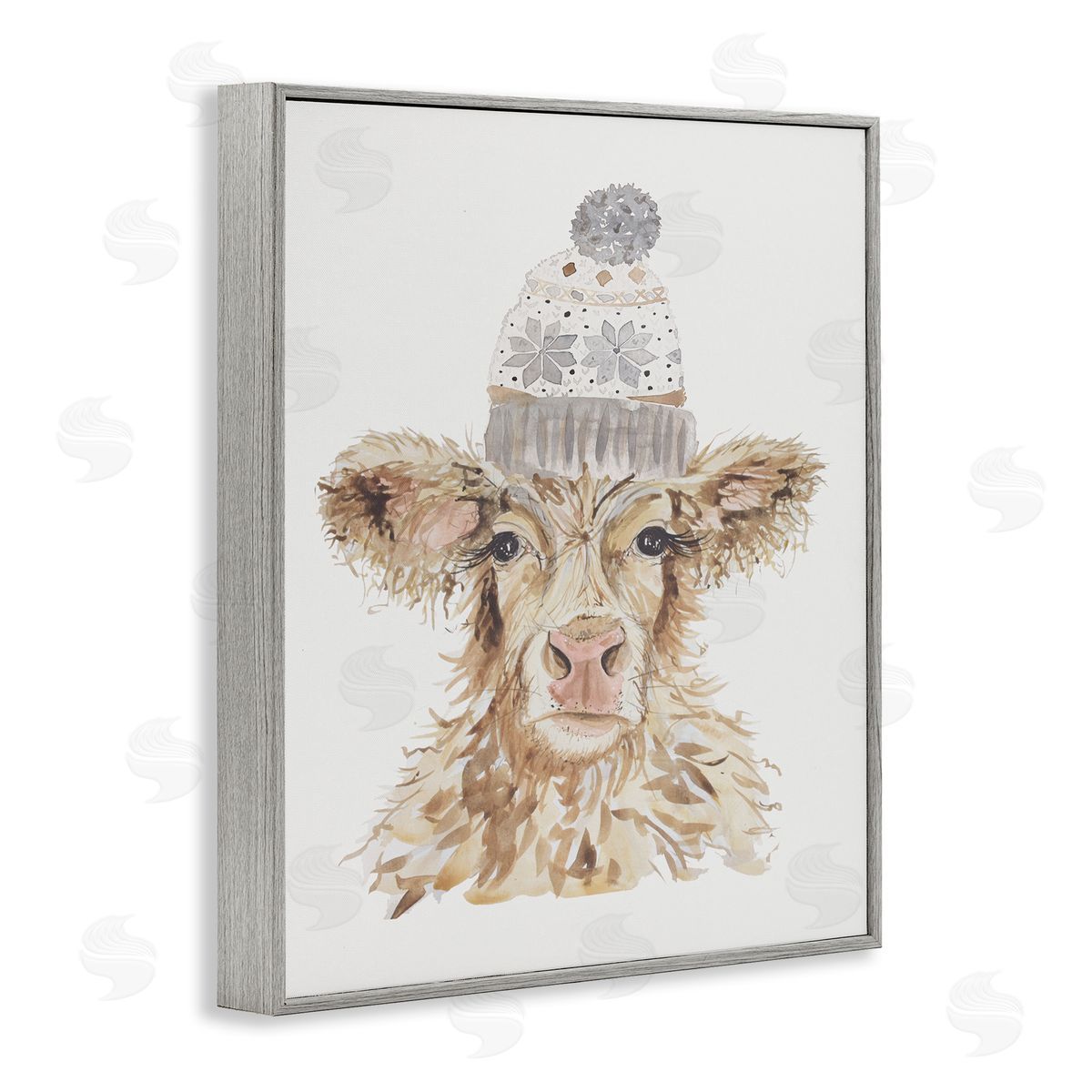 Cow With Beanie Hat Grey Frame Print Wall Art, Home Decor by Hollihocks Art