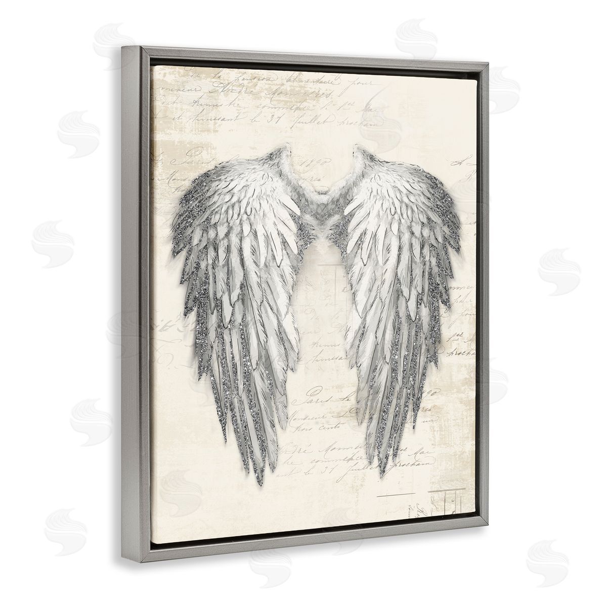 Heavenly Angel Wings Illustration Grey Floating Frame Canvas Wall Art, Home Decor by Main Line Studio