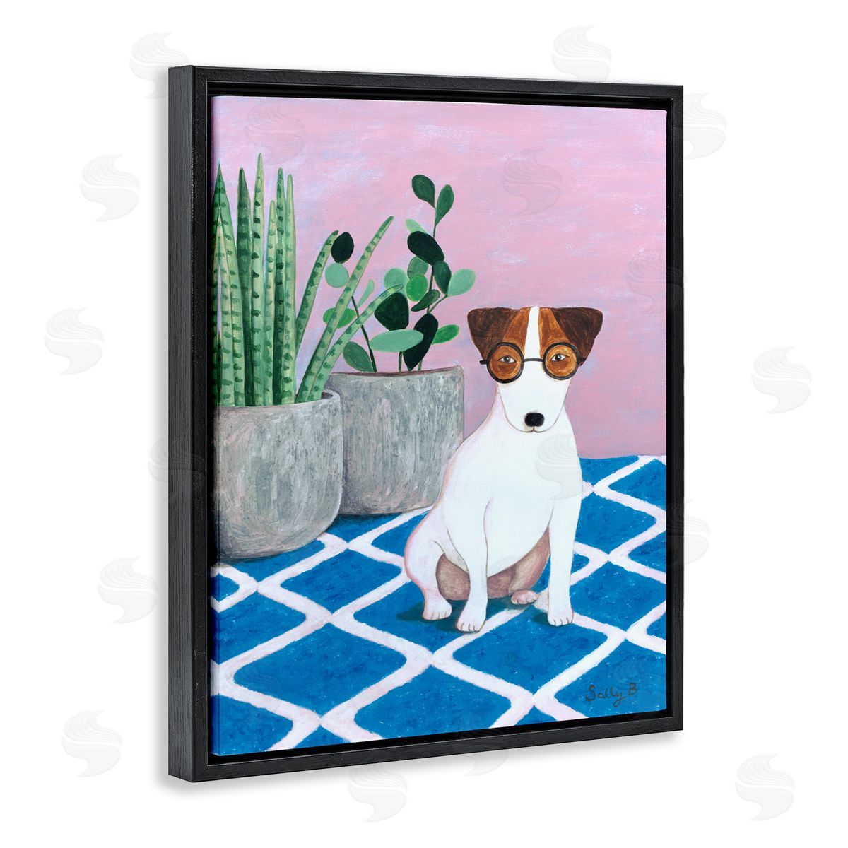 Dog With Plants Painting Black Floating Frame Canvas Wall Art, Home Decor by Sally B
