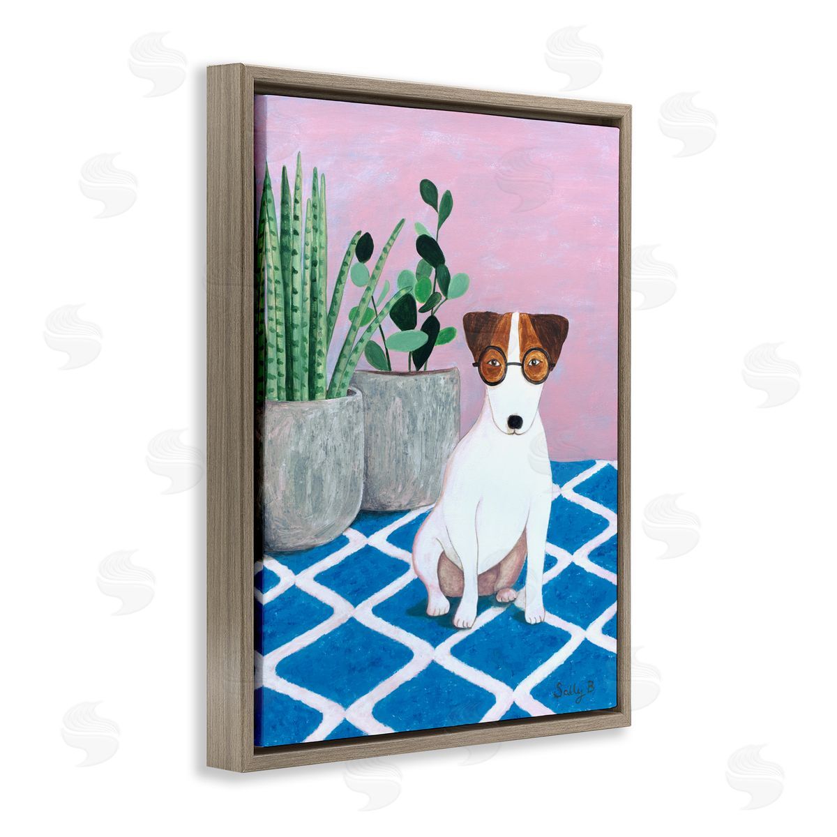 Dog With Plants Painting Brown Floating Frame Canvas Wall Art, Home Decor by Sally B