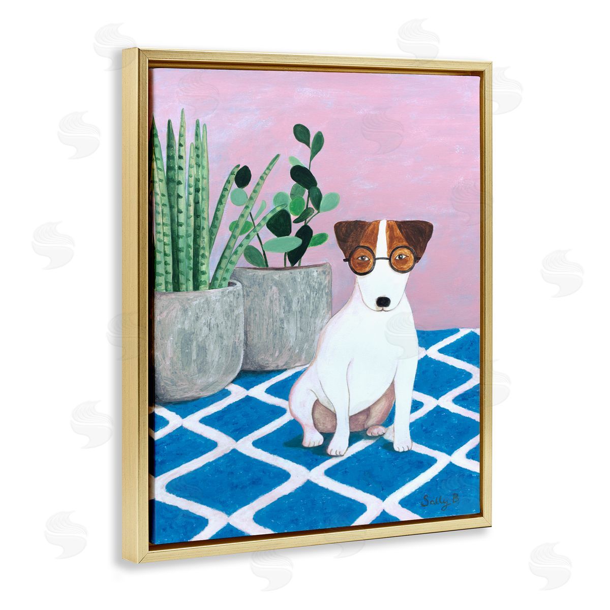 Dog With Plants Painting Gold Floating Frame Canvas Wall Art, Home Decor by Sally B