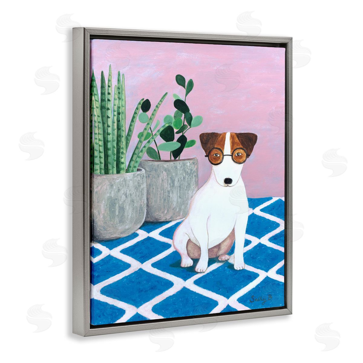 Dog With Plants Painting Grey Floating Frame Canvas Wall Art, Home Decor by Sally B