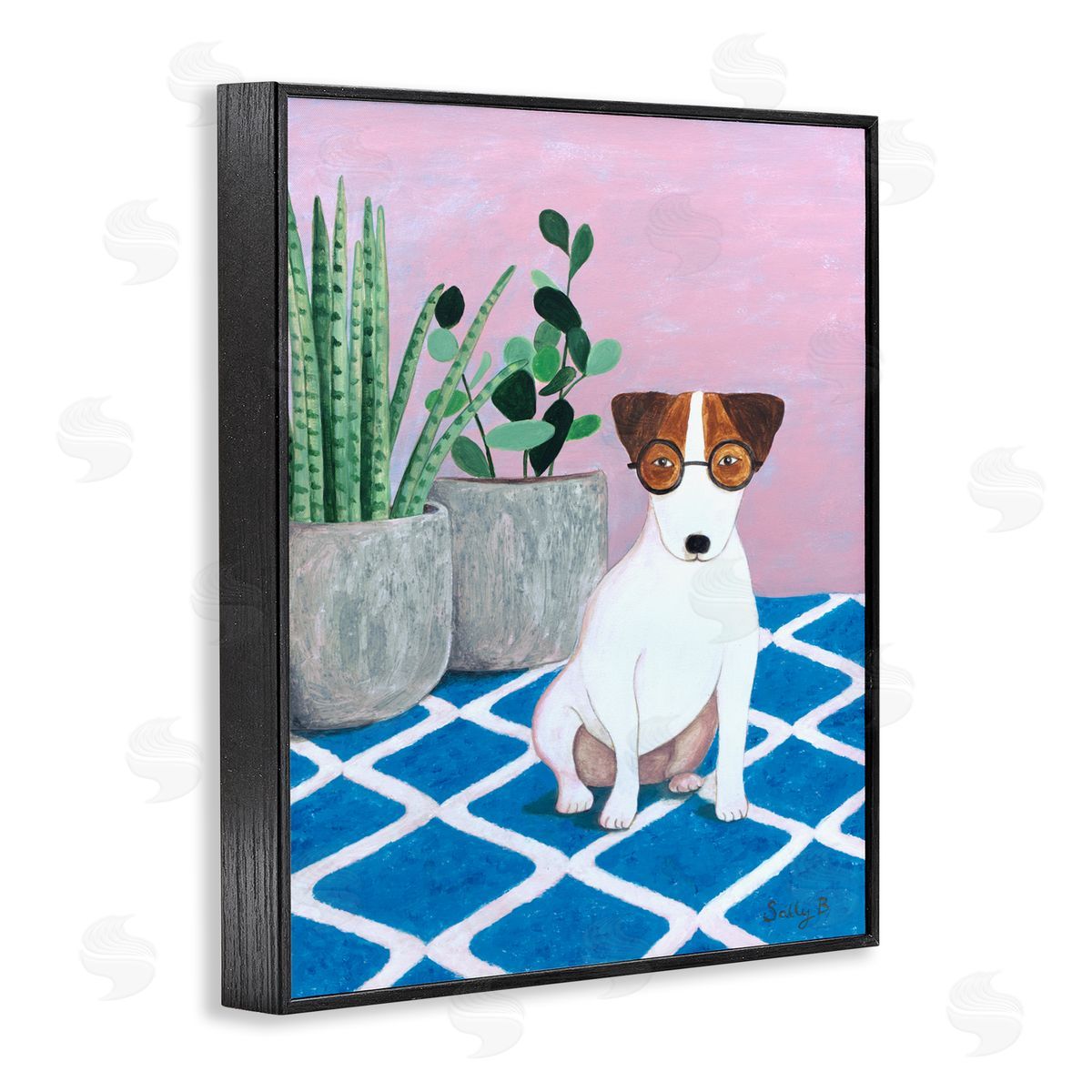 Dog With Plants Painting Black Frame Print Wall Art, Home Decor by Sally B