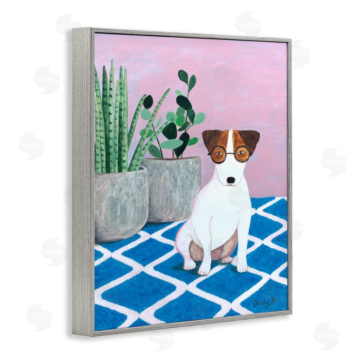 Dog With Plants Painting Grey Frame Print Wall Art, Home Decor by Sally B