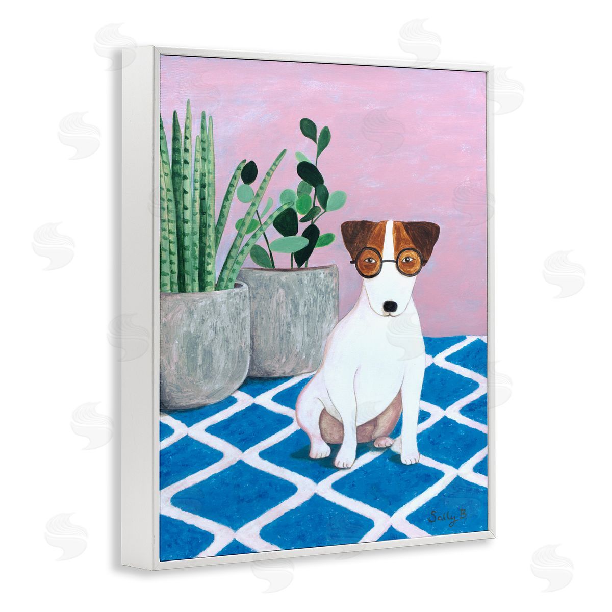 Dog With Plants Painting White Frame Print Wall Art, Home Decor by Sally B