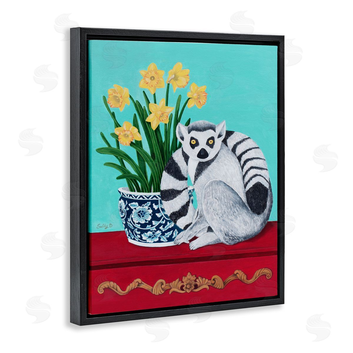 Lemur and Daffodil Flower Vase Black Floating Frame Canvas Wall Art, Home Decor by Sally B