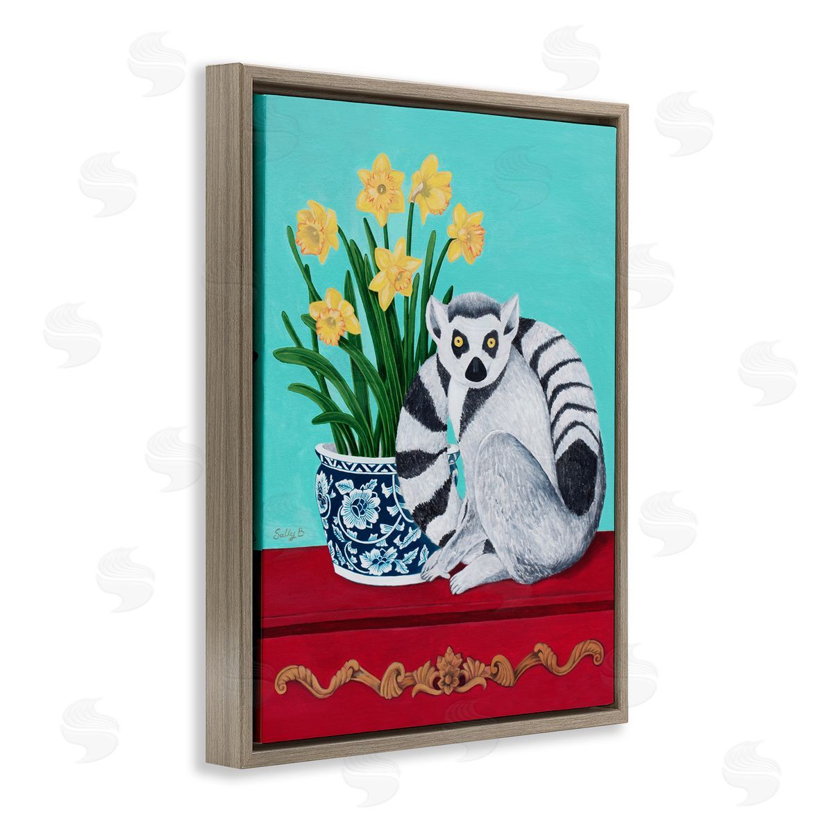 Lemur and Daffodil Flower Vase Brown Floating Frame Canvas Wall Art, Home Decor by Sally B
