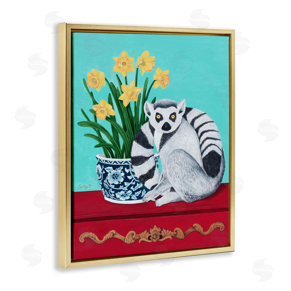 Lemur and Daffodil Flower Vase Gold Floating Frame Canvas Wall Art, Home Decor by Sally B