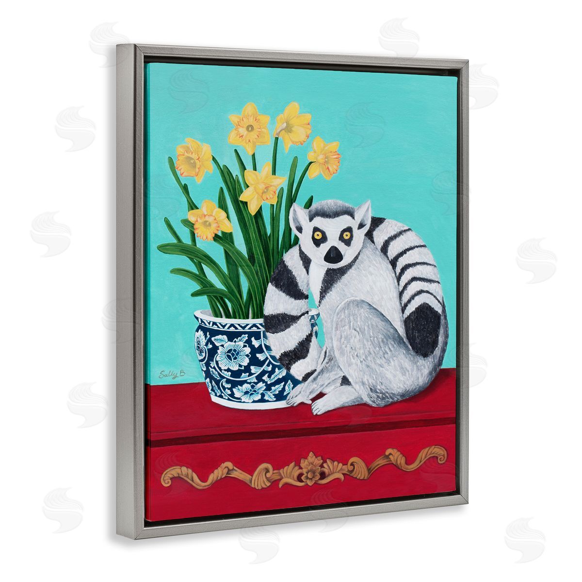 Lemur and Daffodil Flower Vase Grey Floating Frame Canvas Wall Art, Home Decor by Sally B