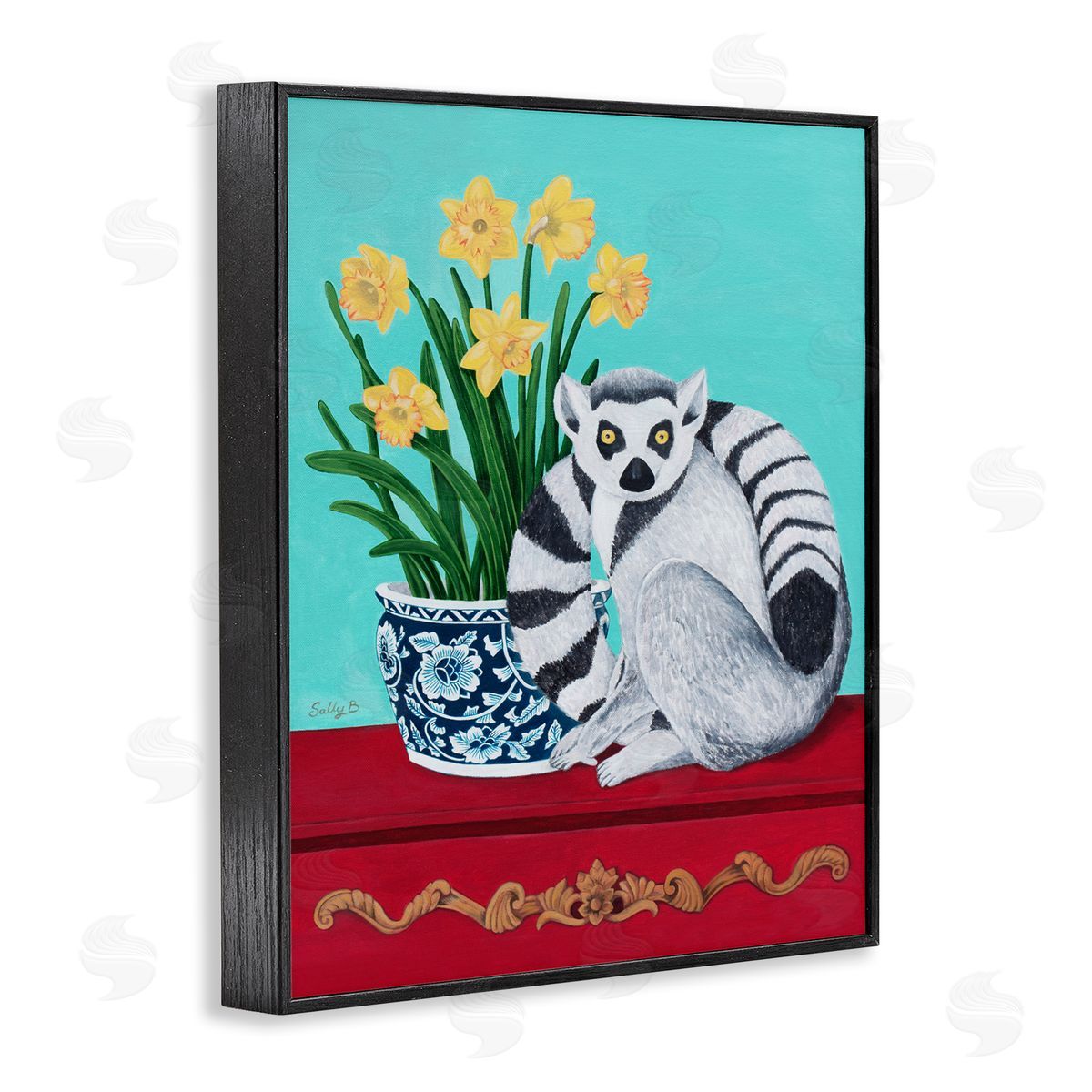 Lemur and Daffodil Flower Vase Black Frame Print Wall Art, Home Decor by Sally B