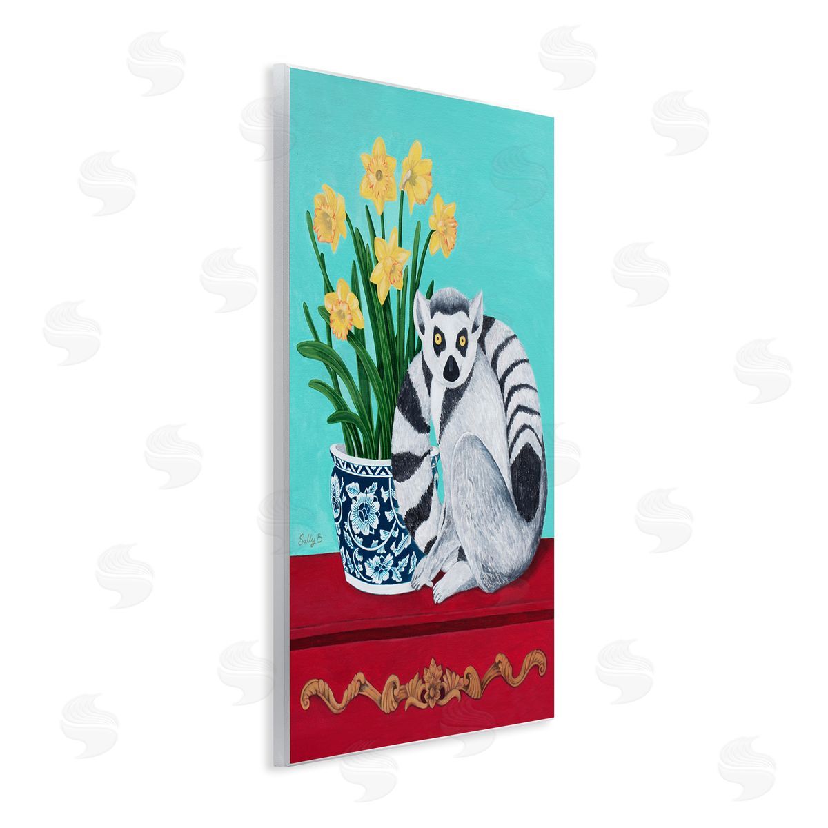 Lemur and Daffodil Flower Vase Wood Plaque Wall Art, Home Decor by Sally B