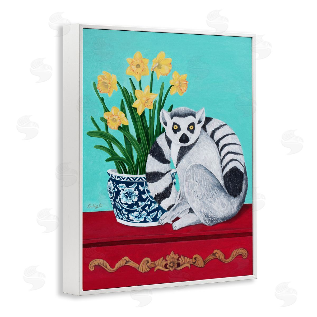 Lemur and Daffodil Flower Vase White Frame Print Wall Art, Home Decor by Sally B