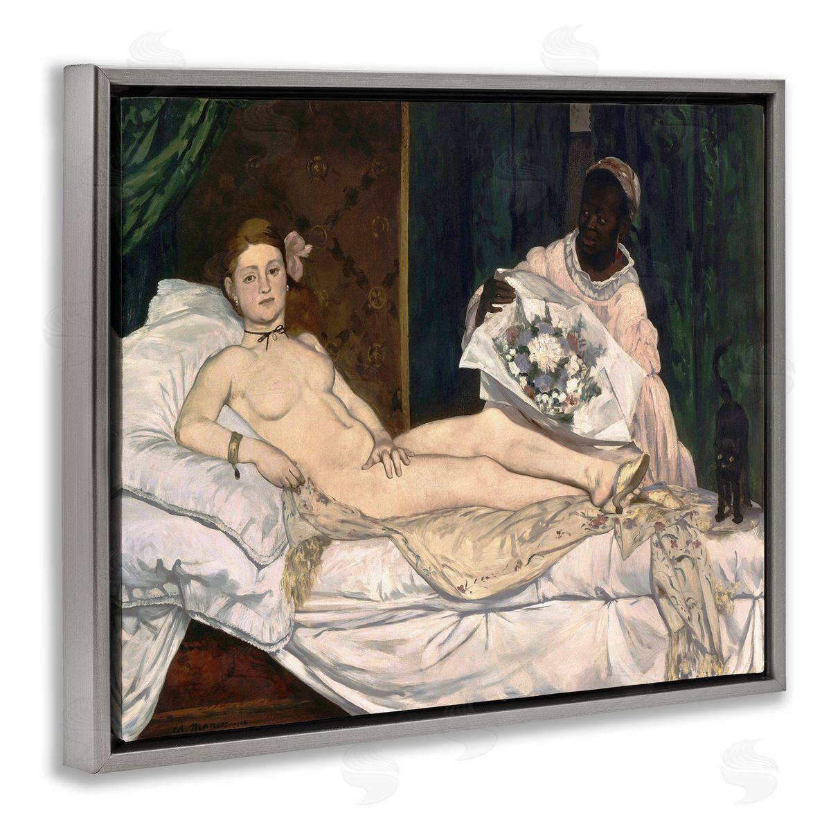 Olympia Classical Portrait Painting Grey Floating Frame Canvas Wall Art, Home Decor by Edouard Manet