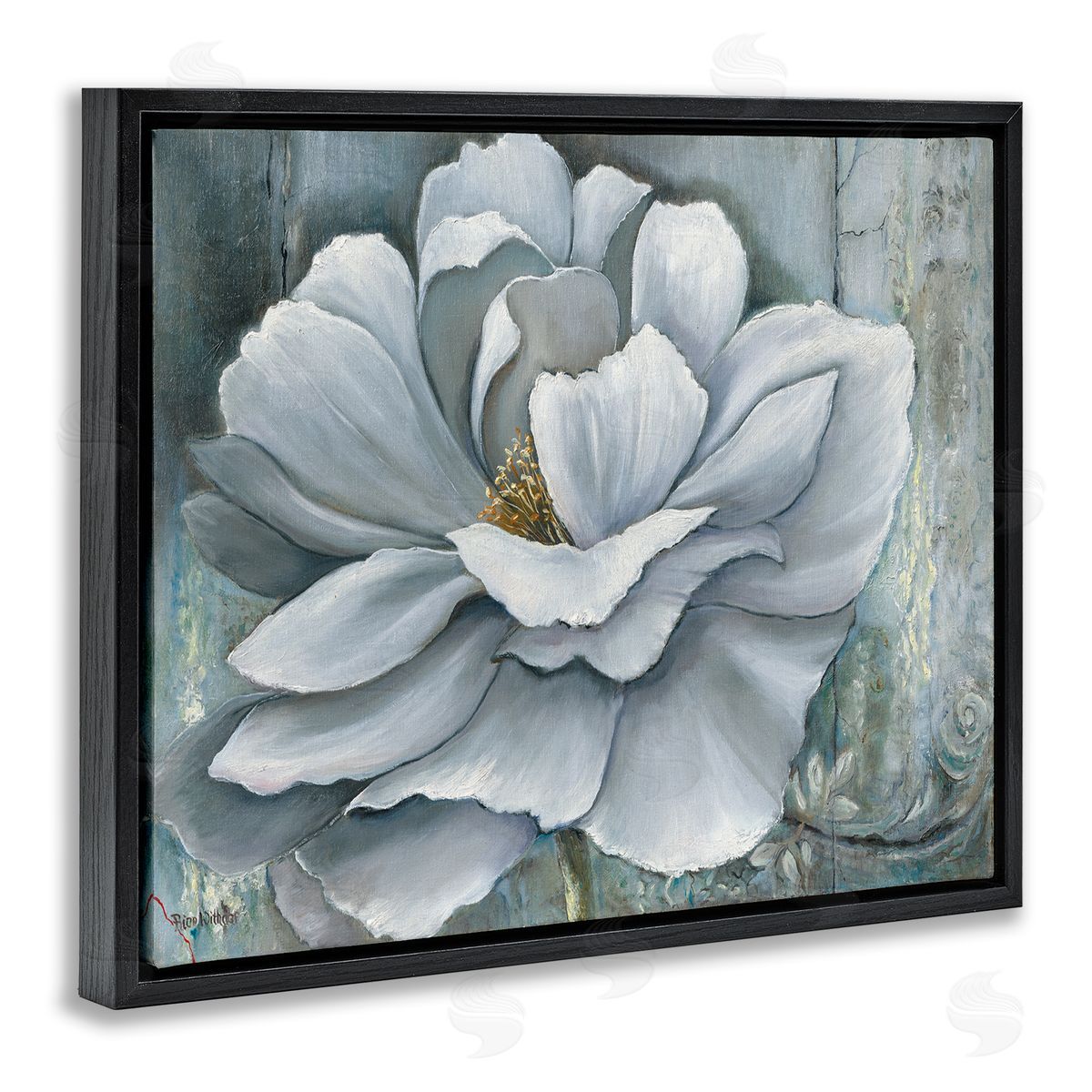 Blue Flower Bloom Painting Black Floating Frame Canvas Wall Art, Home Decor by Heinz Scholnhammer