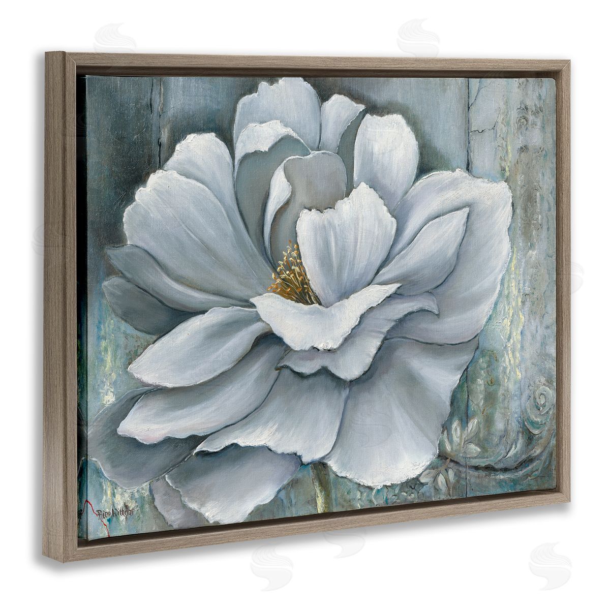 Blue Flower Bloom Painting Brown Floating Frame Canvas Wall Art, Home Decor by Heinz Scholnhammer