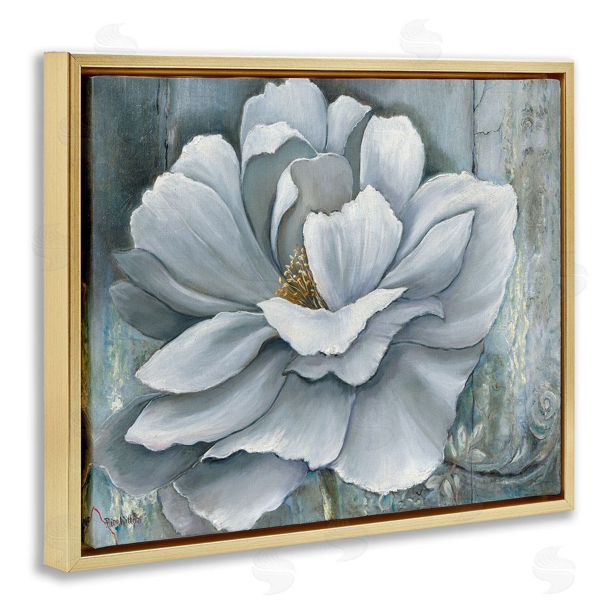 Blue Flower Bloom Painting Gold Floating Frame Canvas Wall Art, Home Decor by Heinz Scholnhammer