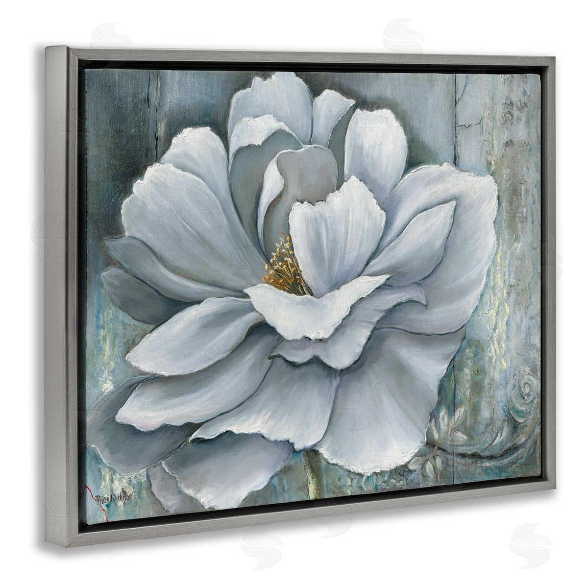 Blue Flower Bloom Painting Grey Floating Frame Canvas Wall Art, Home Decor by Heinz Scholnhammer