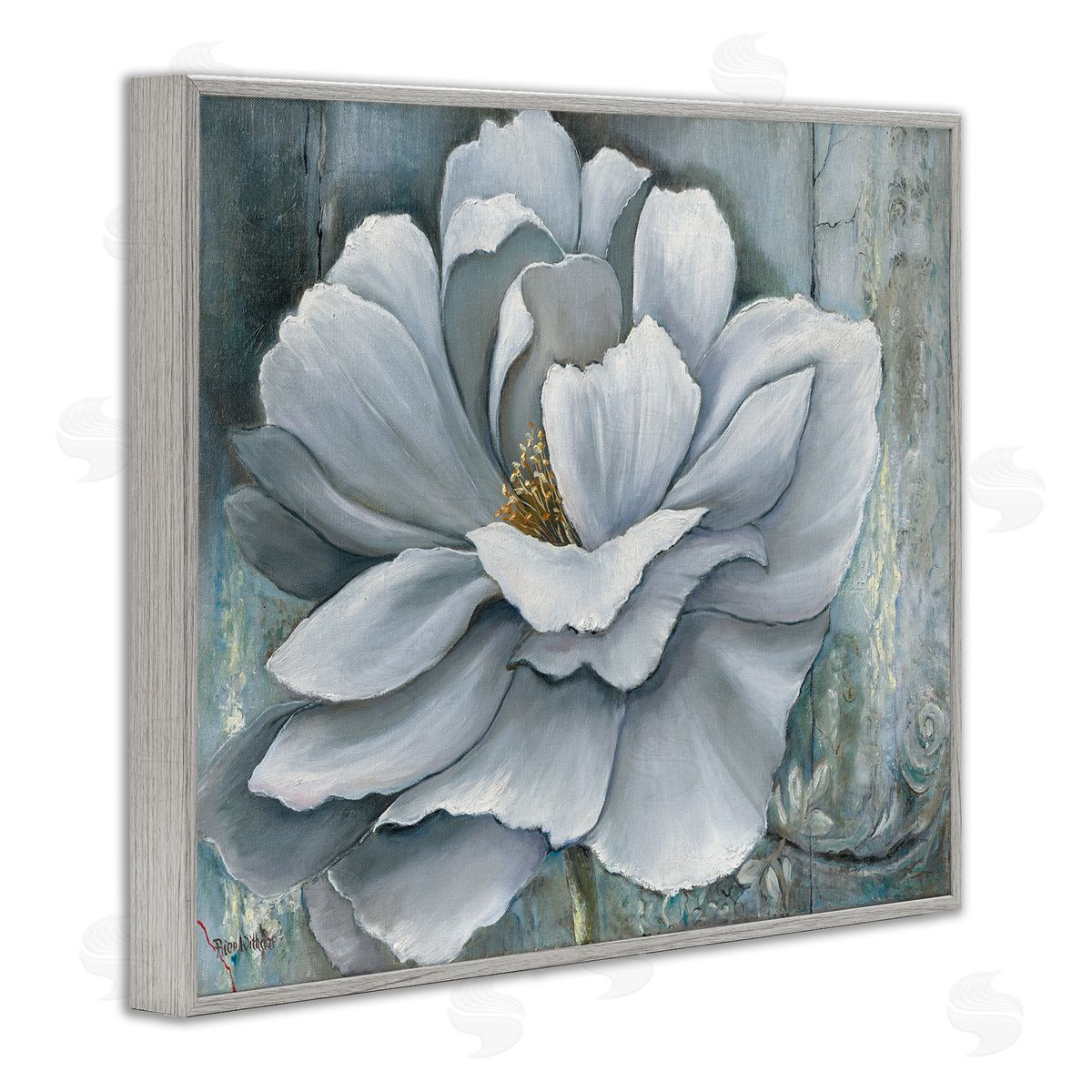 Blue Flower Bloom Painting Grey Frame Print Wall Art, Home Decor by Heinz Scholnhammer