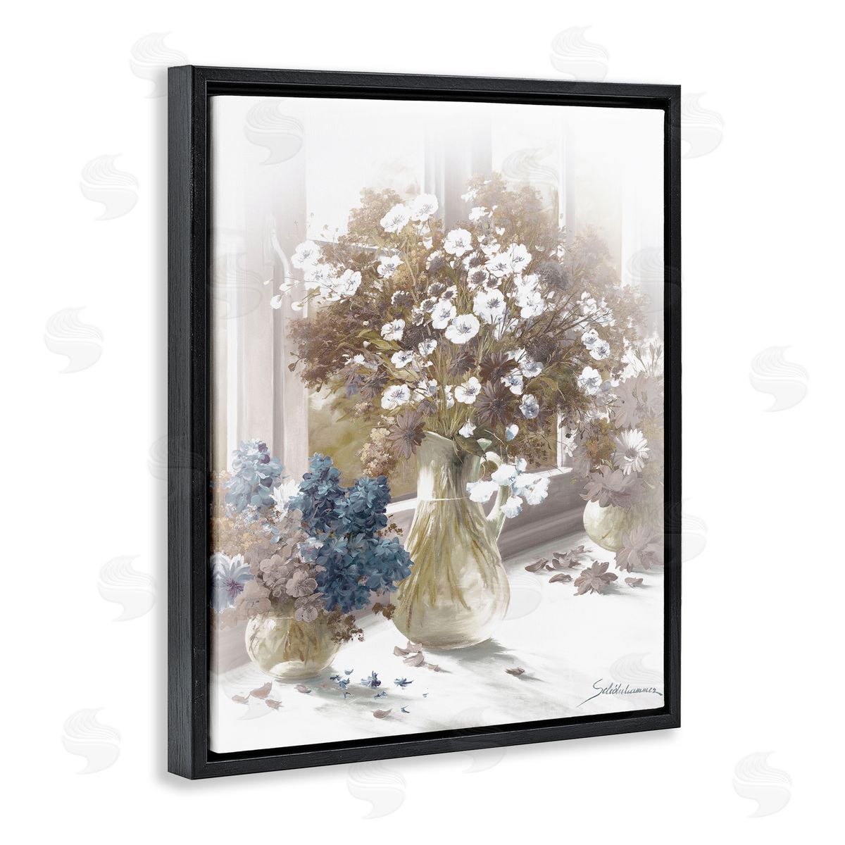 Flower Vase Vintage Sepia Painting Black Floating Frame Canvas Wall Art, Home Decor by Heinz Scholnhammer
