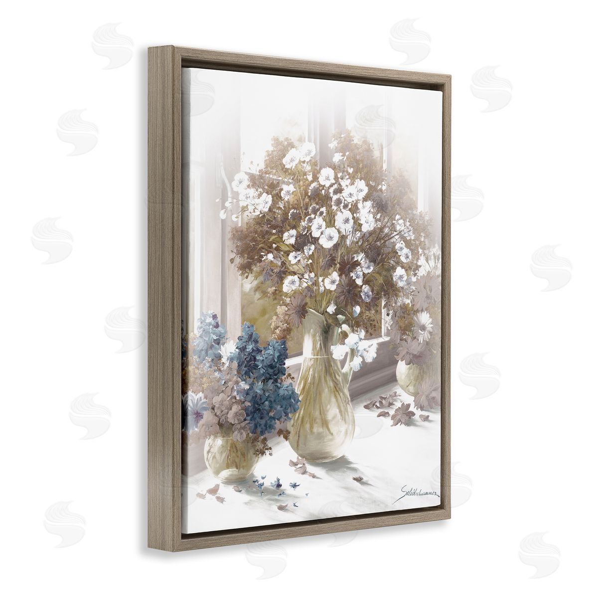 Flower Vase Vintage Sepia Painting Brown Floating Frame Canvas Wall Art, Home Decor by Heinz Scholnhammer