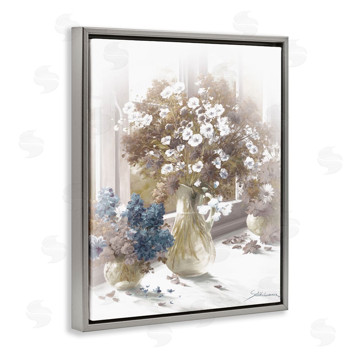 Flower Vase Vintage Sepia Painting Grey Floating Frame Canvas Wall Art, Home Decor by Heinz Scholnhammer