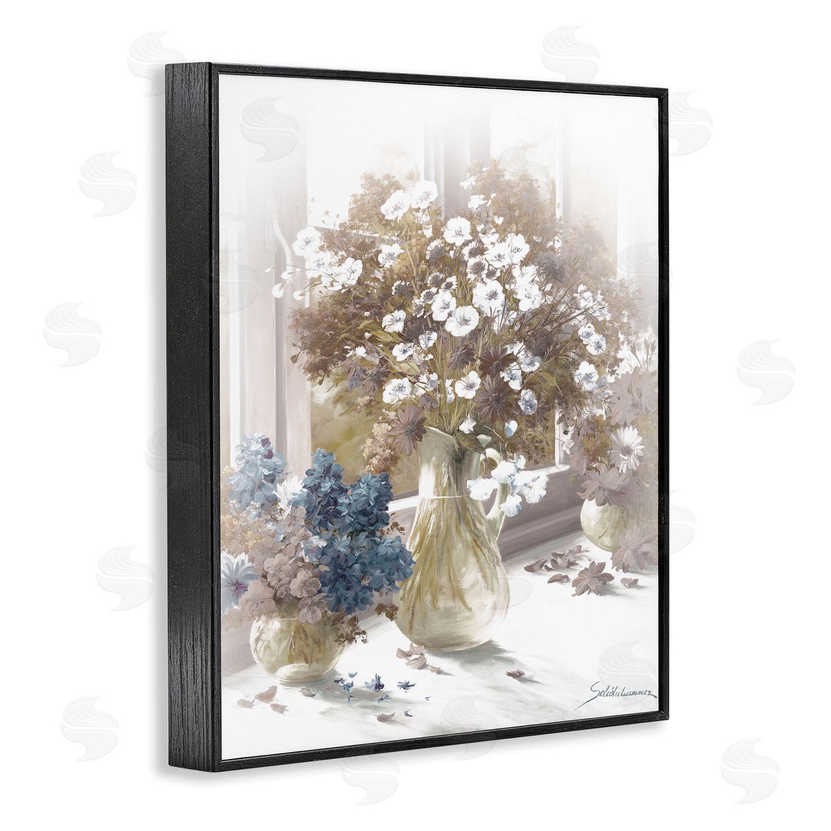 Flower Vase Vintage Sepia Painting Black Frame Print Wall Art, Home Decor by Heinz Scholnhammer