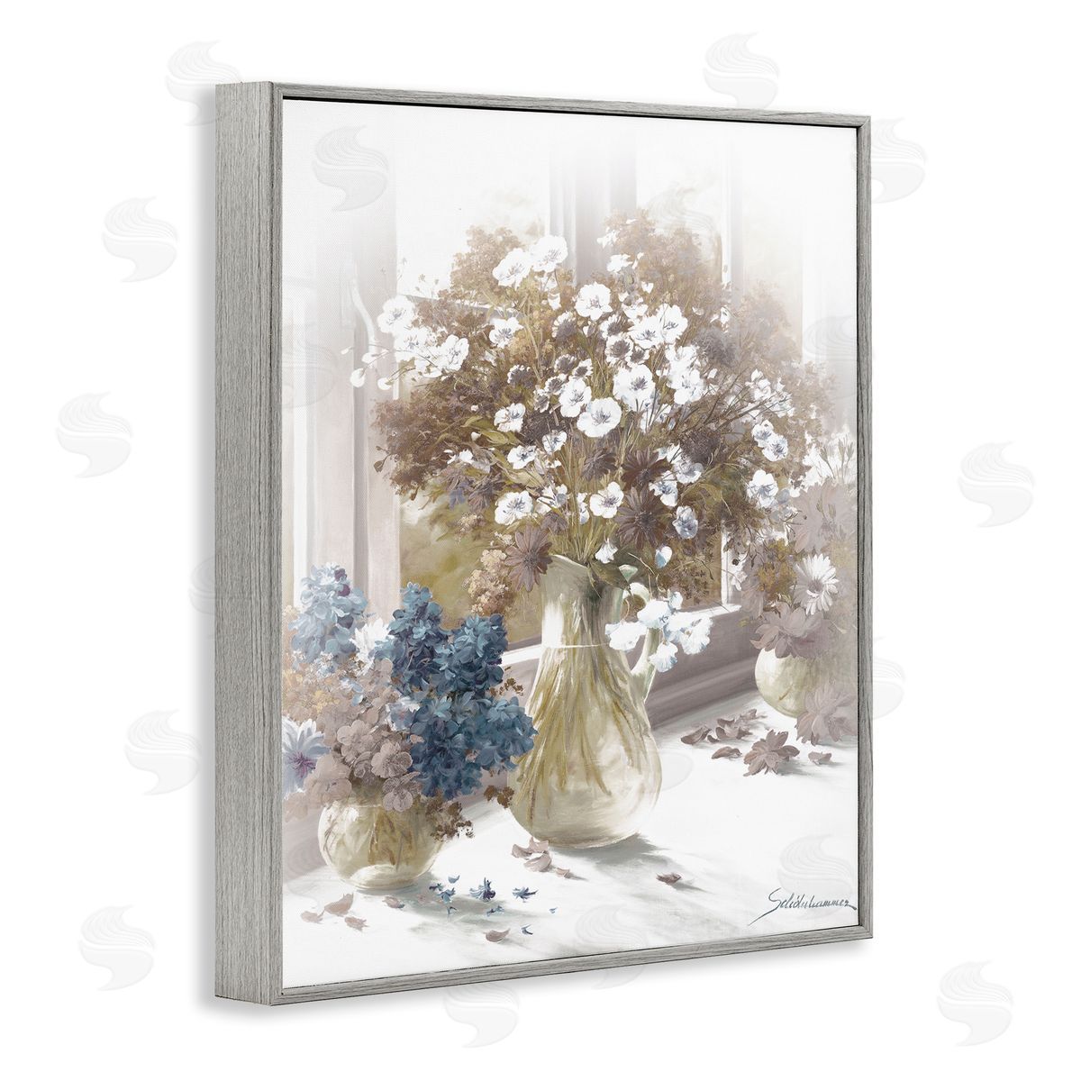 Flower Vase Vintage Sepia Painting Grey Frame Print Wall Art, Home Decor by Heinz Scholnhammer