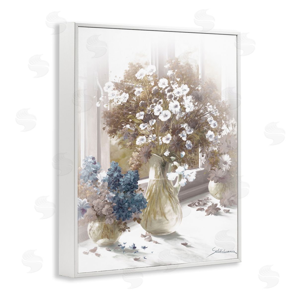 Flower Vase Vintage Sepia Painting White Frame Print Wall Art, Home Decor by Heinz Scholnhammer