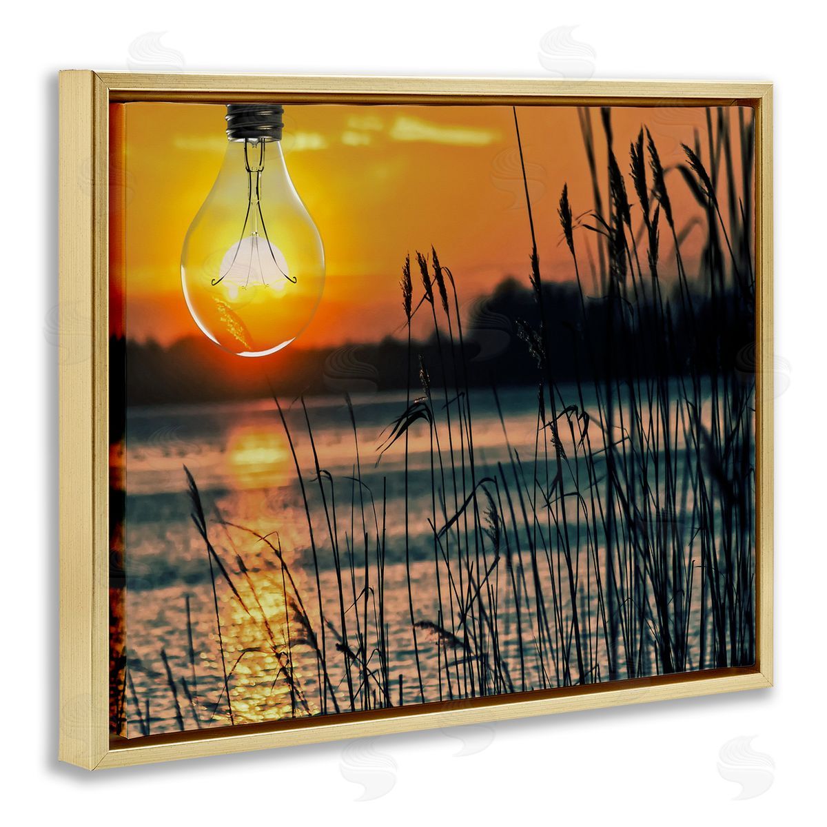 Lightbulb Lake Reeds Photograph Gold Floating Frame Canvas Wall Art, Home Decor by Marcus Prime