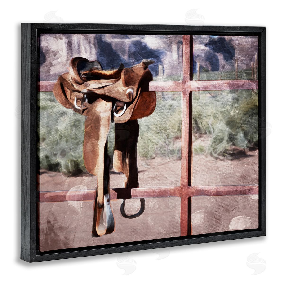 Saddle On Farm Fence Black Floating Frame Canvas Wall Art, Home Decor by Milli Villa