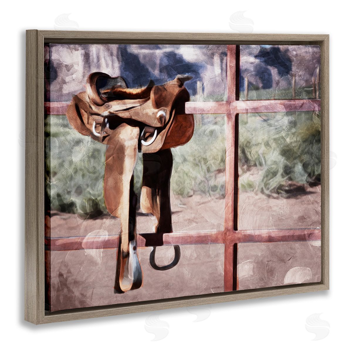 Saddle On Farm Fence Brown Floating Frame Canvas Wall Art, Home Decor by Milli Villa