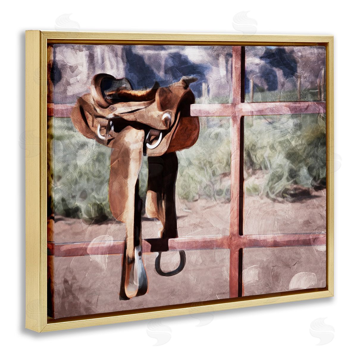 Saddle On Farm Fence Gold Floating Frame Canvas Wall Art, Home Decor by Milli Villa