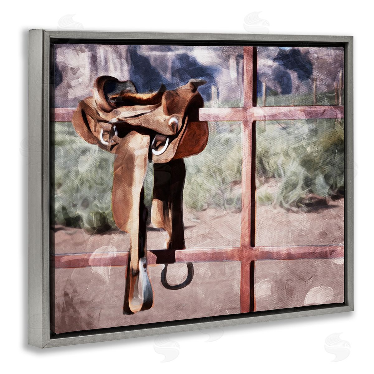 Saddle On Farm Fence Grey Floating Frame Canvas Wall Art, Home Decor by Milli Villa