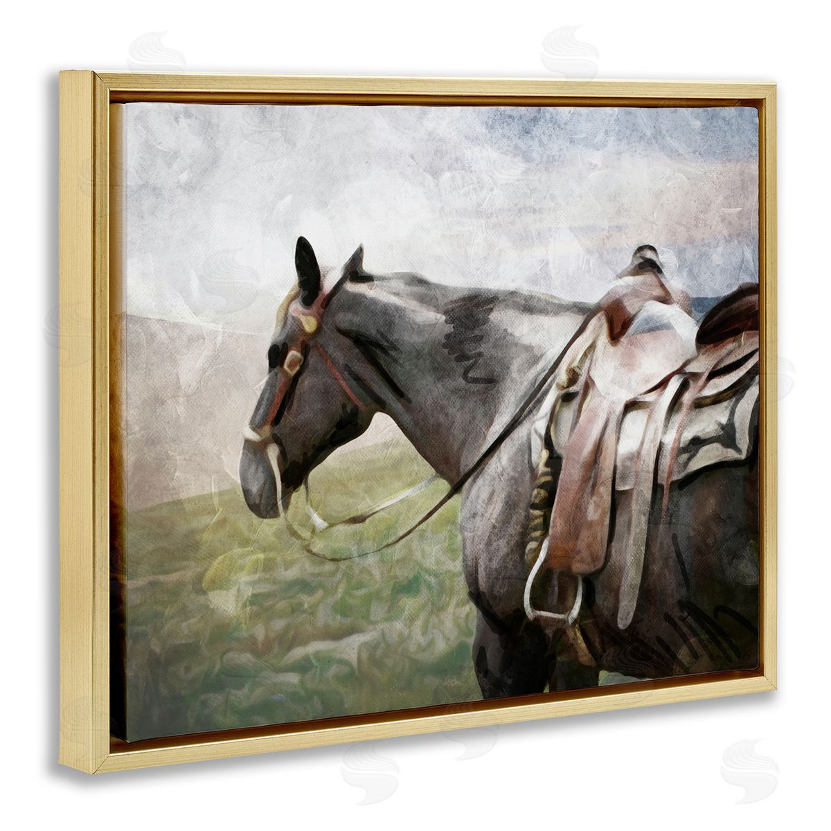 Horse Riding Farm Landscape Gold Floating Frame Canvas Wall Art, Home Decor by Milli Villa