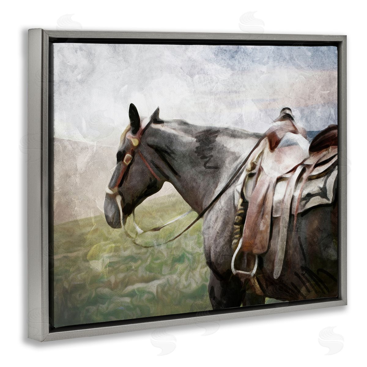 Horse Riding Farm Landscape Grey Floating Frame Canvas Wall Art, Home Decor by Milli Villa