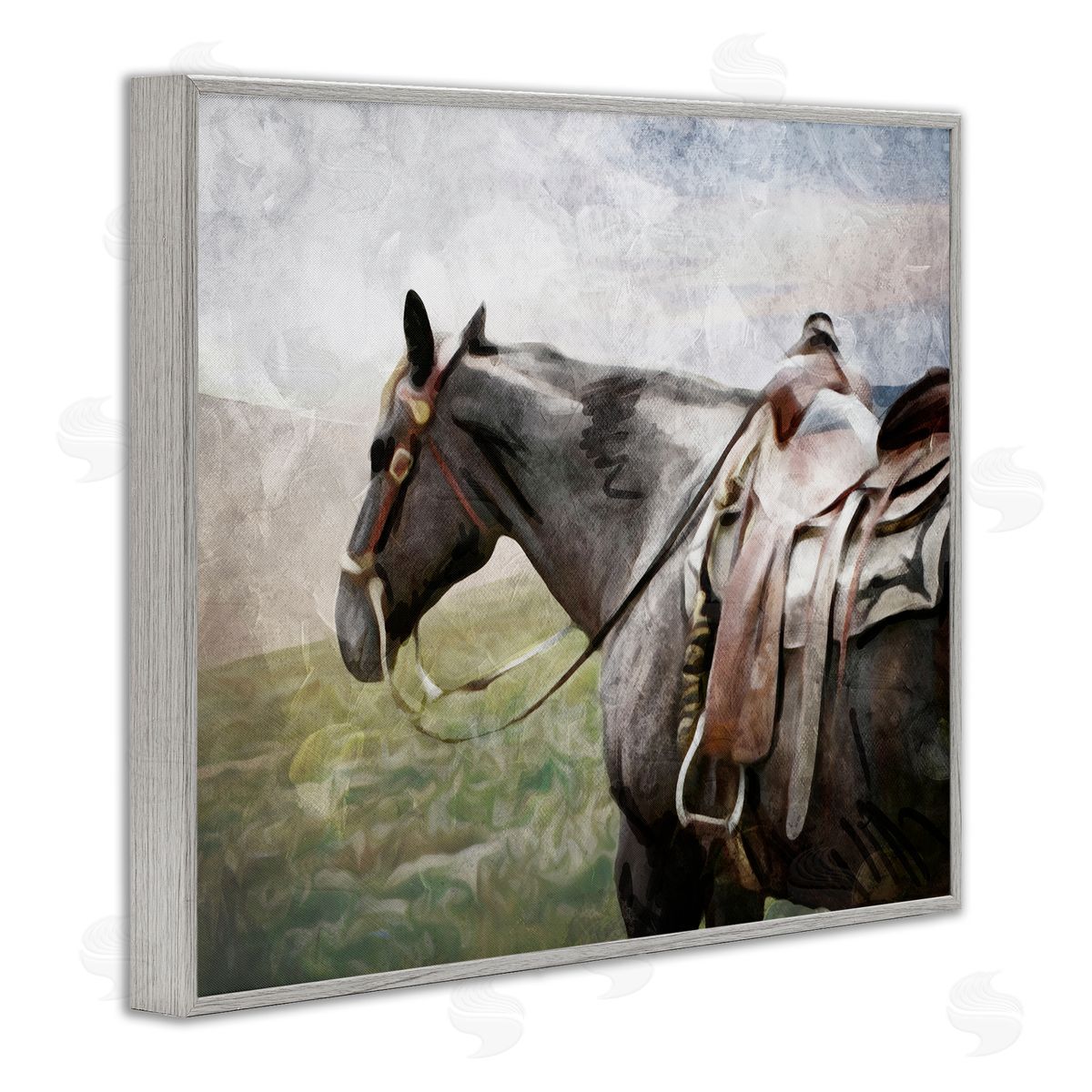 Horse Riding Farm Landscape Grey Frame Print Wall Art, Home Decor by Milli Villa