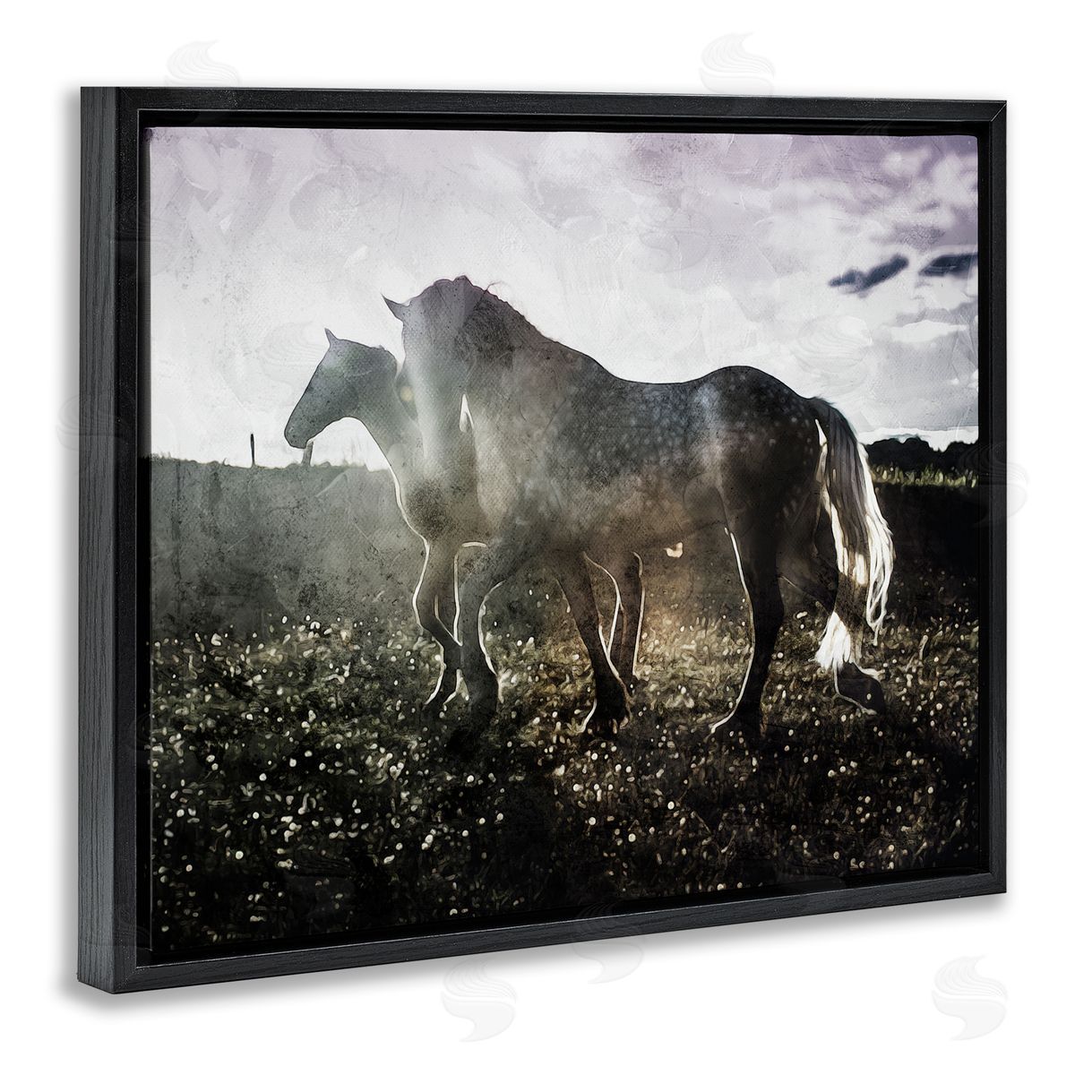 Horses Together Abstract Silhouette Black Floating Frame Canvas Wall Art, Home Decor by Milli Villa