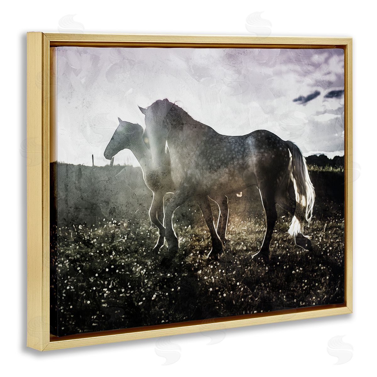 Horses Together Abstract Silhouette Gold Floating Frame Canvas Wall Art, Home Decor by Milli Villa